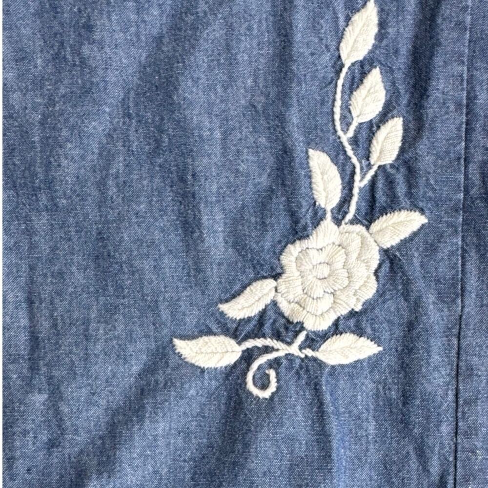 Chambray Cotton Embroidered Floral Pants Elastic Waist Boho Cottagecore Medium - Picture 5 of 7